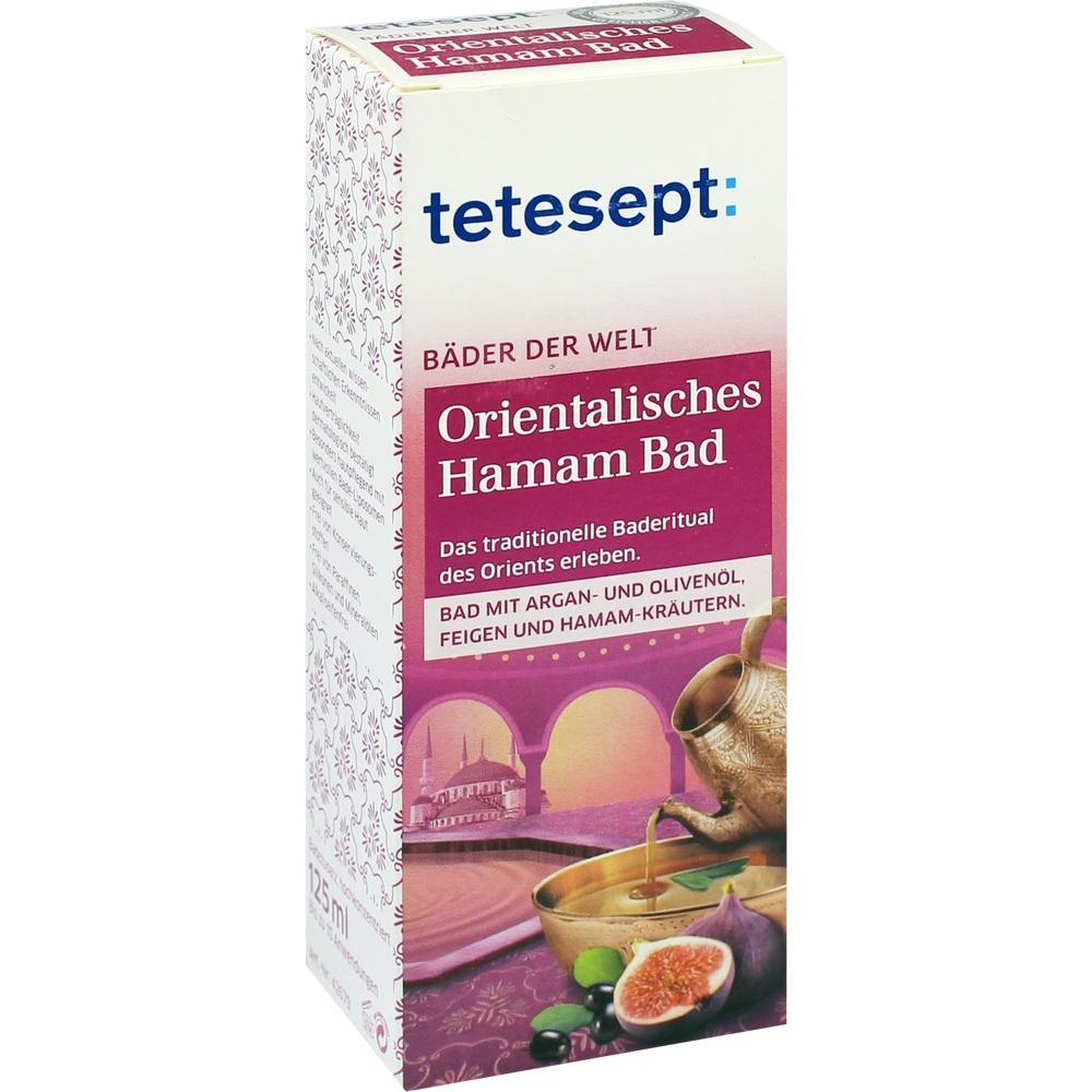 Die Verpackung zeigt &bdquo;Tetesept Orientalisches Hamam Bad&ldquo; mit einem orientalischen Motiv.