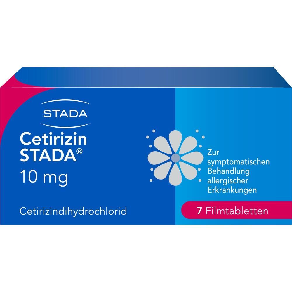 Blaue Packung mit Allergiemedikament Cetirizin STADA, 10 mg, 7 Filmtabletten.