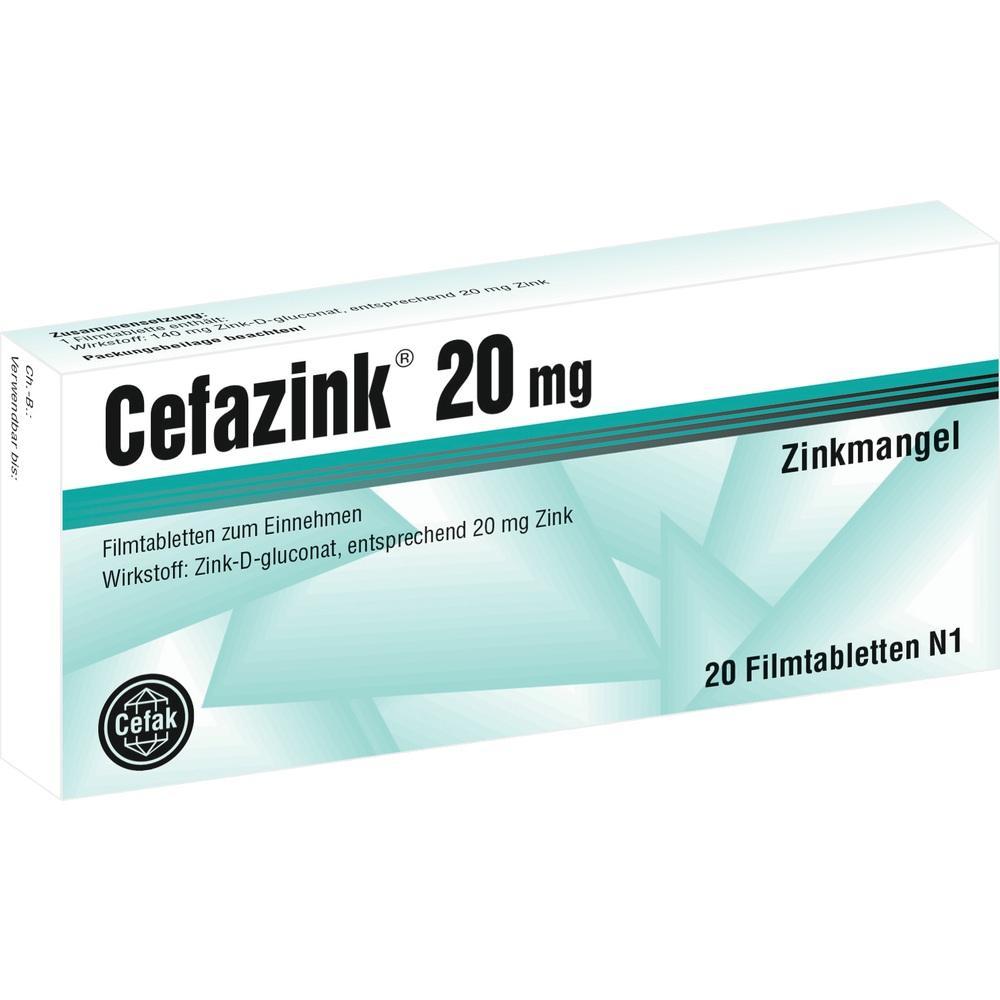 Packung von Cefazink 20 mg Tabletten zur Behandlung von Zinkmangel.
