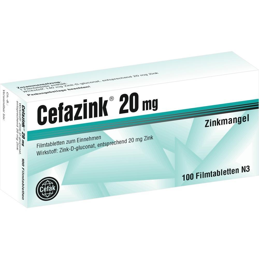 Eine Packung Cefazink 20 mg Tabletten gegen Zinkmangel.