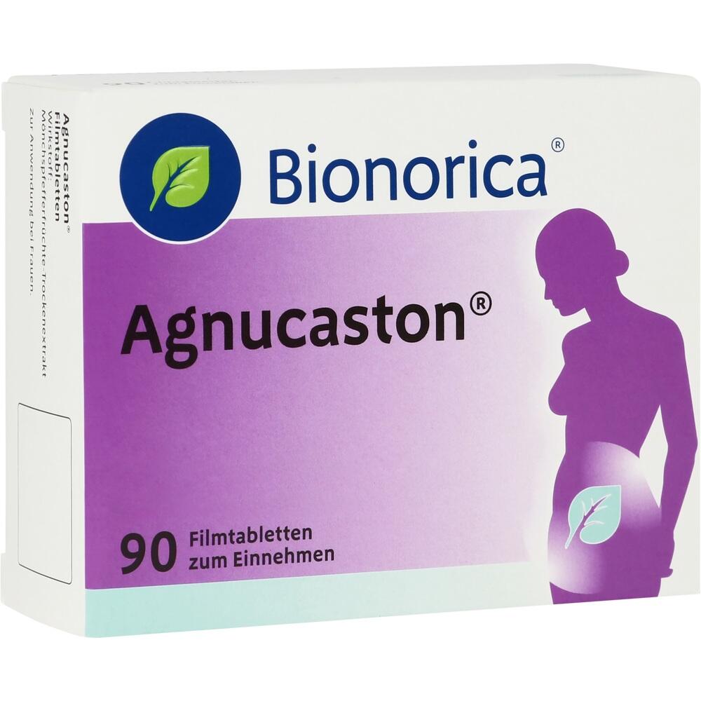 Eine Packung Agnucaston mit 90 Tabletten und einer Silhouette einer Frau auf lila Hintergrund.
