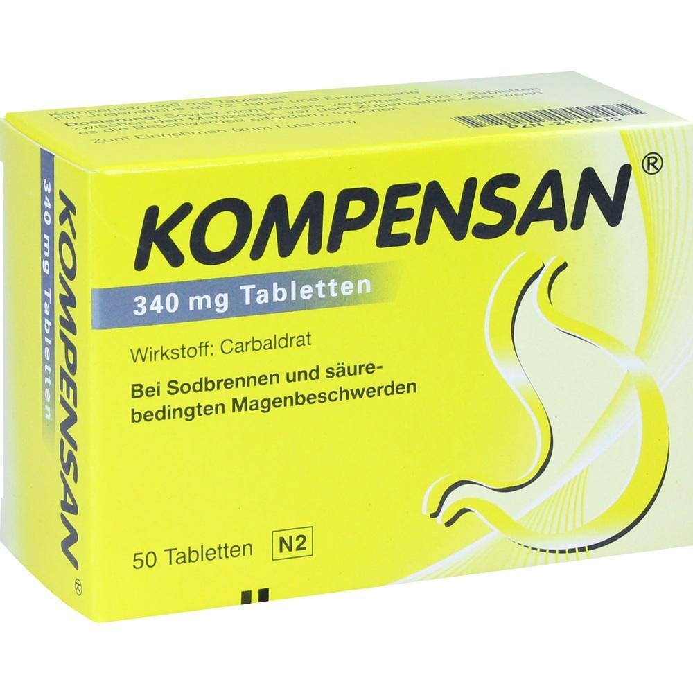 Gelbe Packung von Kompensan-Tabletten gegen Sodbrennen und Magenbeschwerden.
