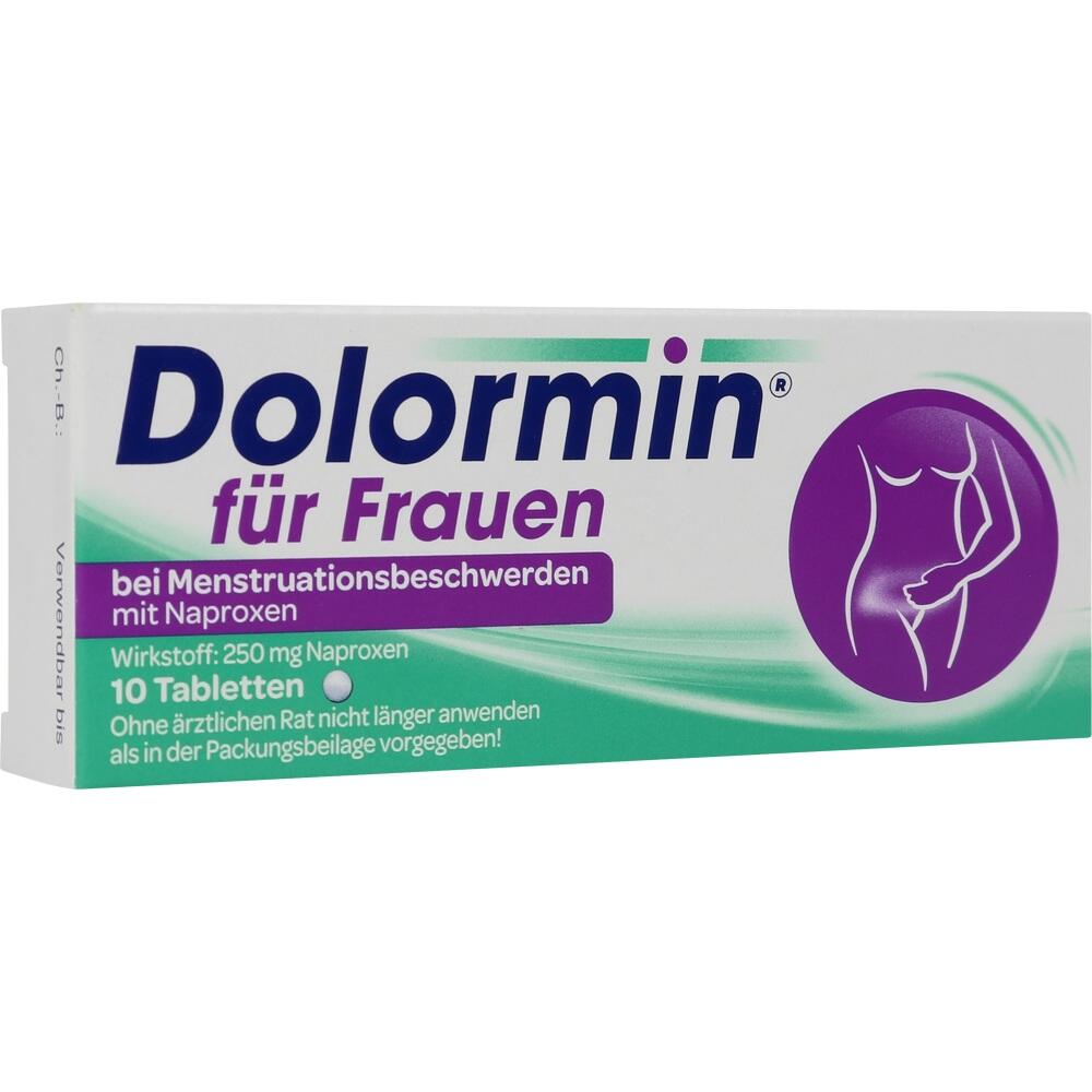 Verpackung von Dolormin f&uuml;r Frauen f&uuml;r Menstruationsbeschwerden mit 10 Tabletten.
