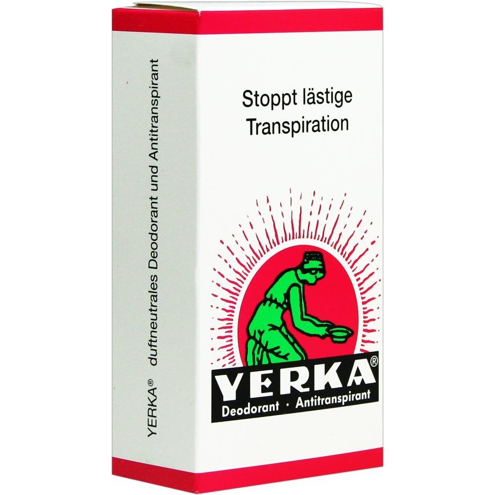 Eine Verpackung von Yerka Deodorant mit dem Text "Stoppt l&auml;stige Transpiration".