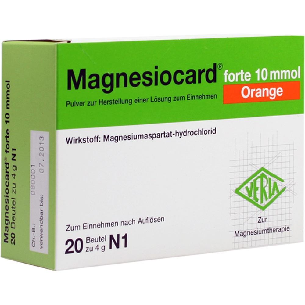 Gr&uuml;ne und wei&szlig;e Medikamentenschachtel mit der Aufschrift "Magnesiocard forte 10 mmol Orange".