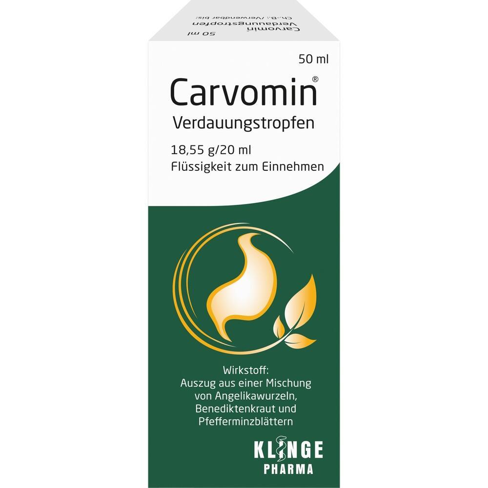 Verpackung von Carvomin Verdauungstropfen mit 50 ml Fl&uuml;ssigkeit zur Einnahme.