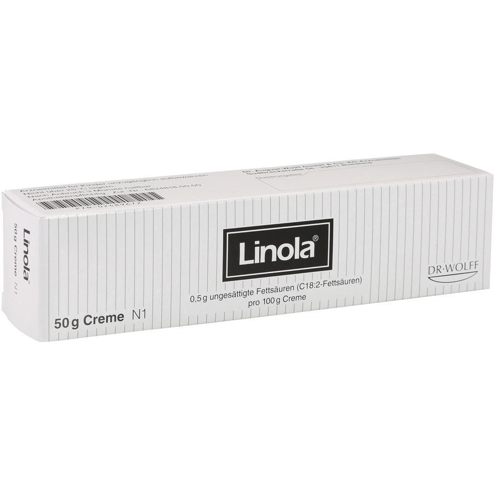 Eine wei&szlig;e Cremeverpackung mit der Aufschrift "Linola" und Details zur Creme.