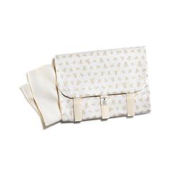 Wei&szlig;e Wickeltasche mit buntem Dreiecksmuster und drei Schnallen.