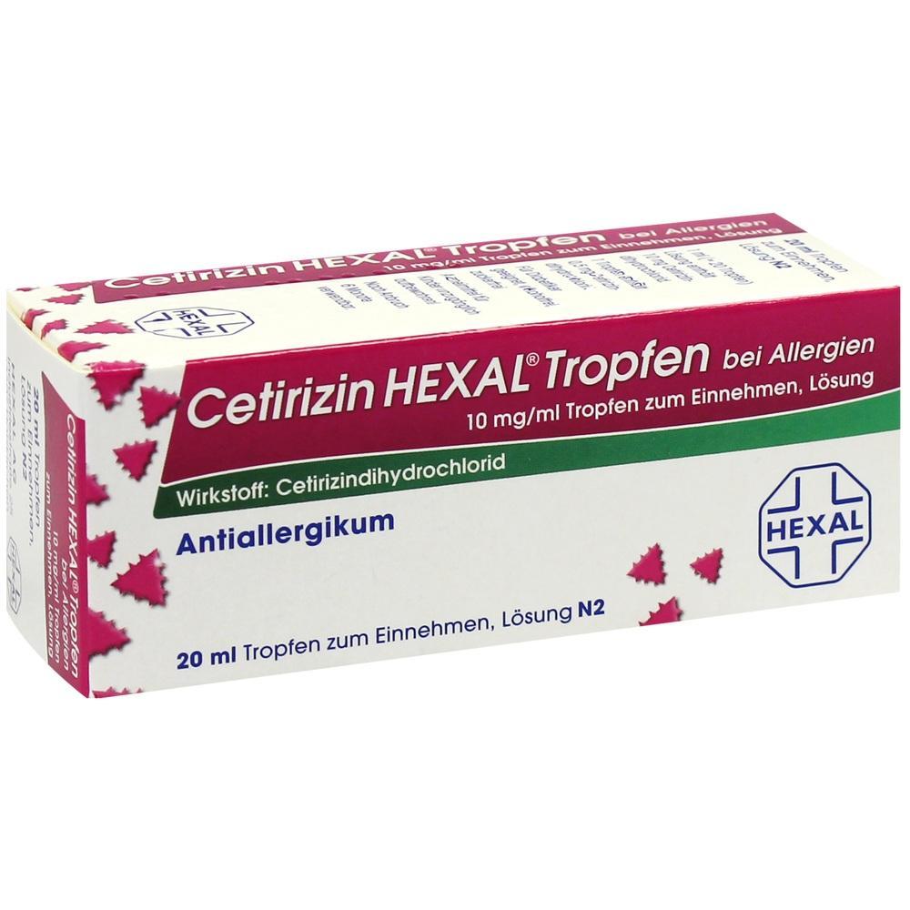 Eine Packung Cetirizin HEXAL Tropfen gegen Allergien.