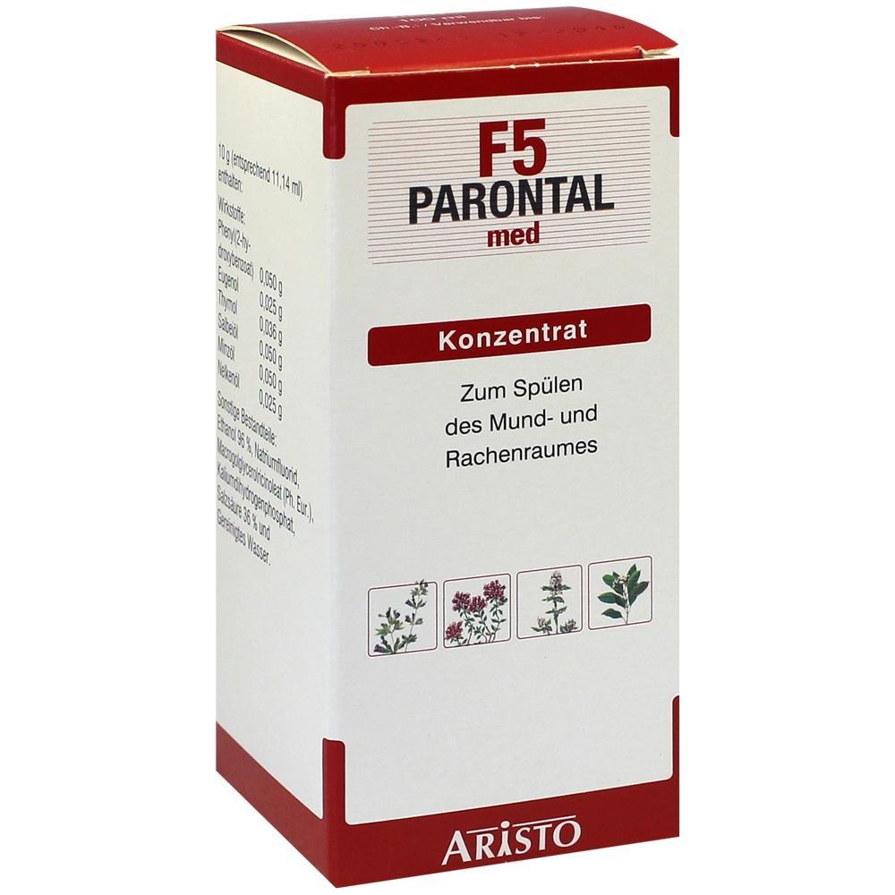 Roter Karton mit der Aufschrift "F5 Parontal med" als Mundsp&uuml;lkonzentrat.