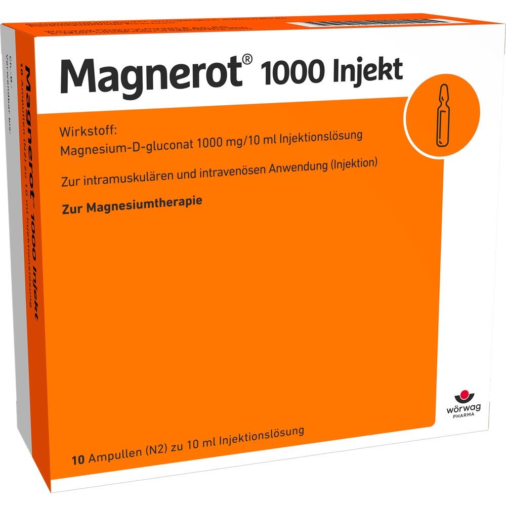 Orange Packung von Magnerot 1000 Injekt zur Magnesiumtherapie.