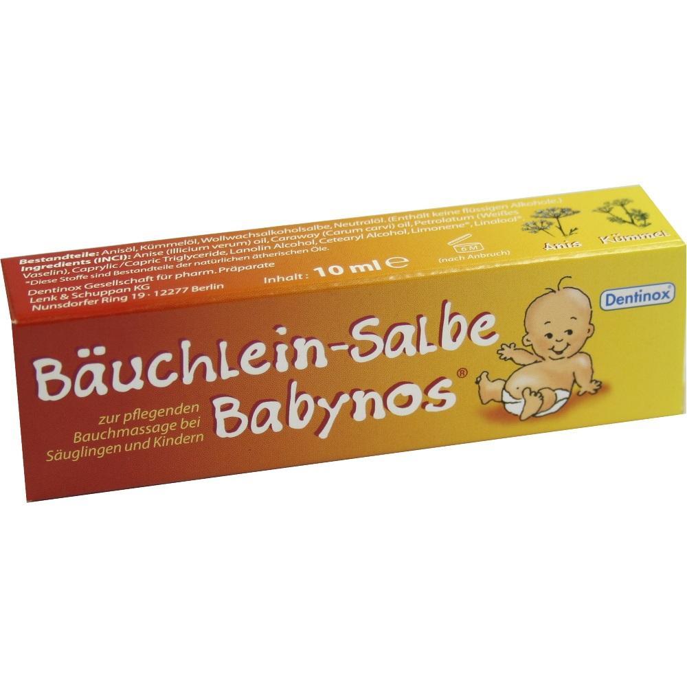 Gelbe Packung der Babynos B&auml;uchlein-Salbe f&uuml;r Baby-Bauchmassage.