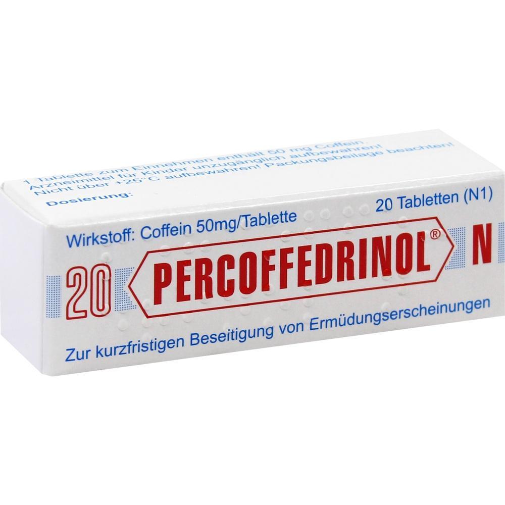 Eine Medikamentenschachtel namens Percoffedrinol mit 20 Tabletten zur M&uuml;digkeitsbehandlung.