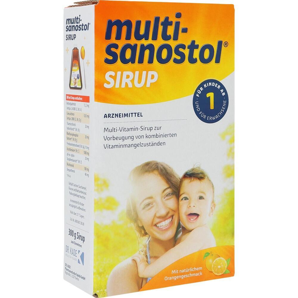 Eine Packung Multi-Sanostol Sirup mit Bild von l&auml;chelnder Frau und Kind.