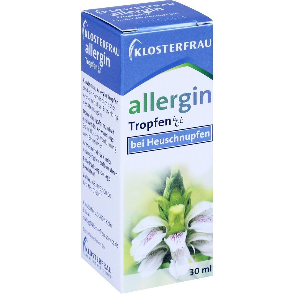 Blaue Verpackung mit Aufschrift &bdquo;Allergin Tropfen bei Heuschnupfen&ldquo; und Bild einer Pflanze.