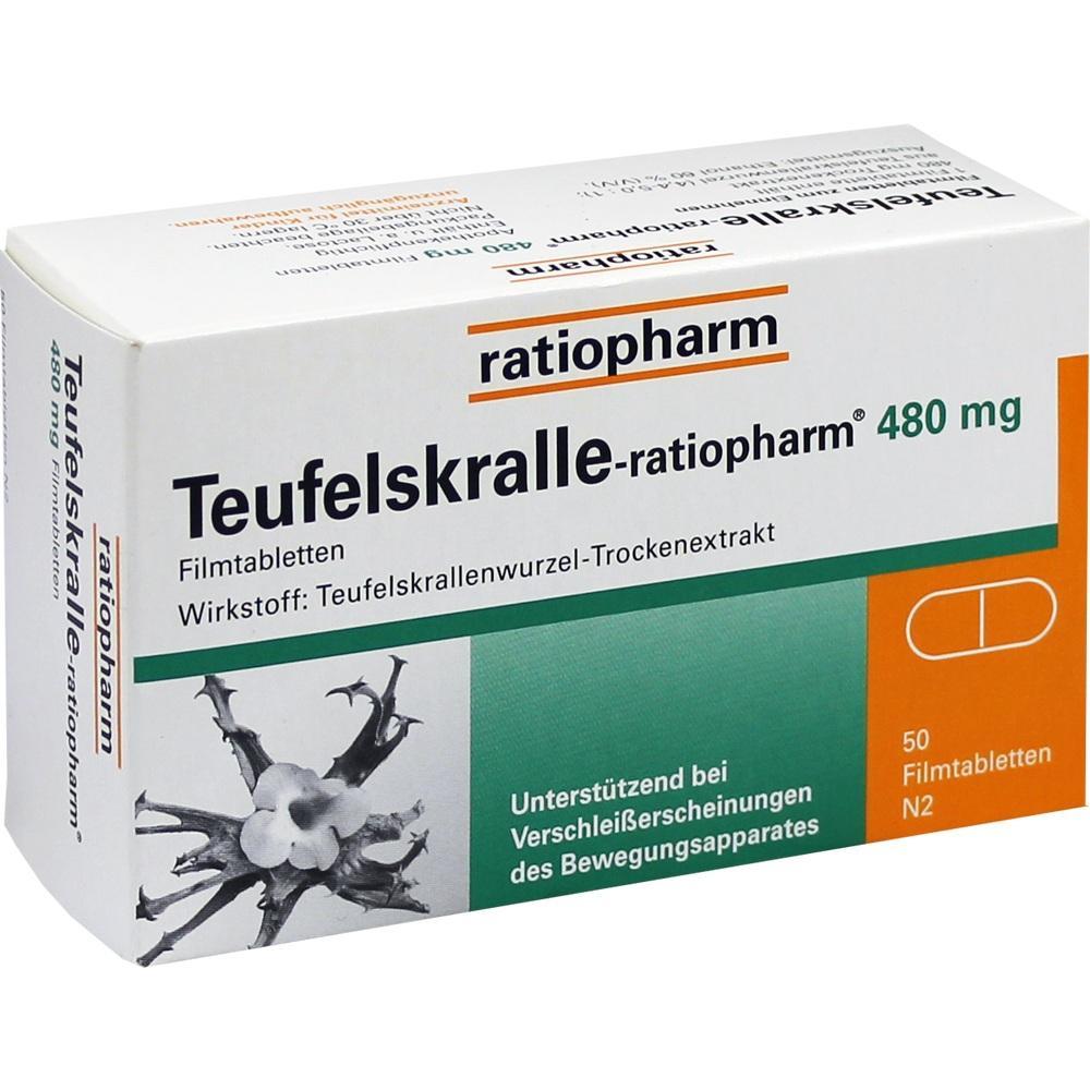 Packung mit 50 Teufelskralle-Tabletten von Ratiopharm zur Unterst&uuml;tzung der Gelenke.