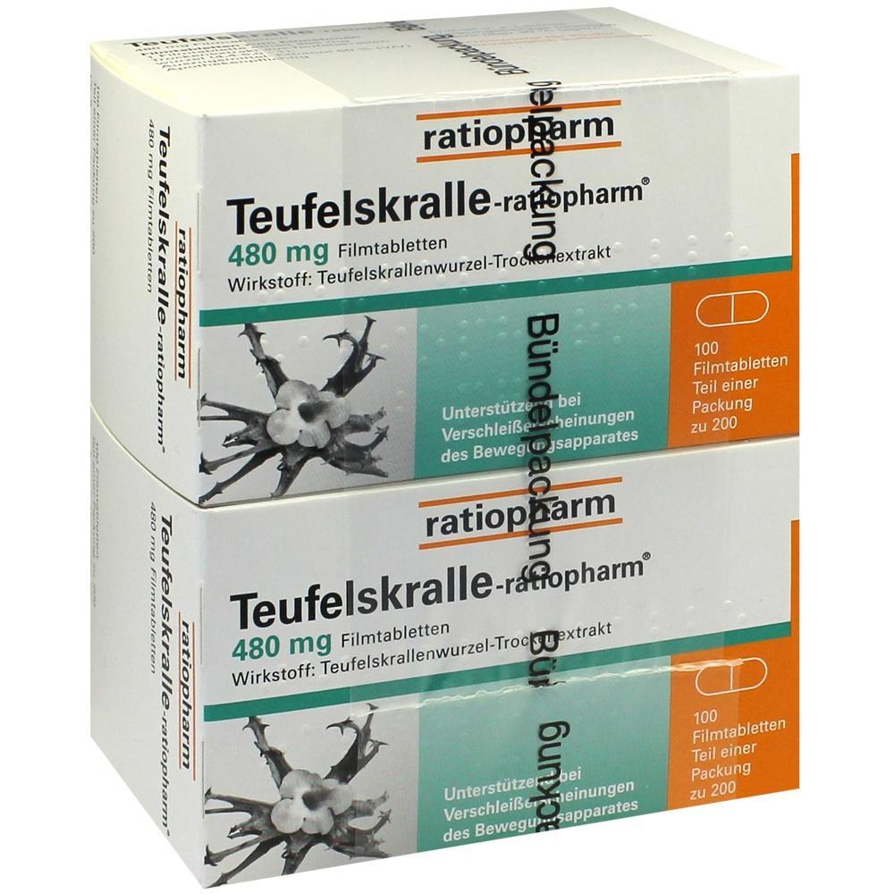 Zwei Packungen Teufelskralle-Tabletten von Ratiopharm mit je 100 Filmtabletten.