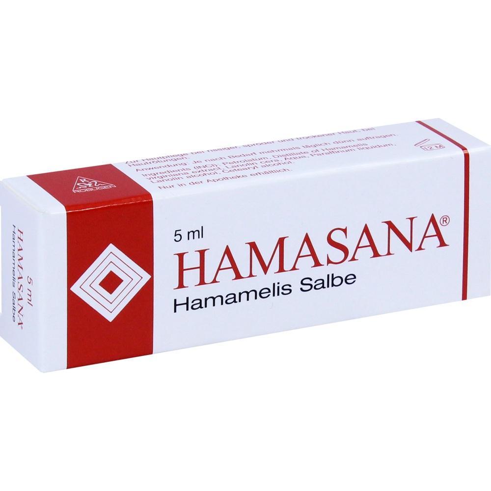 Eine wei&szlig;e Schachtel mit rotem Text von Hamamelis Salbe namens "HAMASANA".