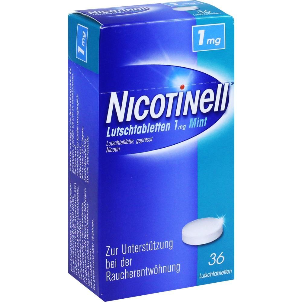Blaue Schachtel mit Nikotintabletten, 1 mg, zur Raucherentw&ouml;hnung, 36 St&uuml;ck.