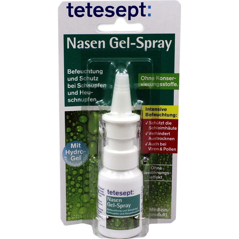 Ein Nasen-Gel-Spray von tetesept zur Befeuchtung bei Schnupfen und Heuschnupfen.