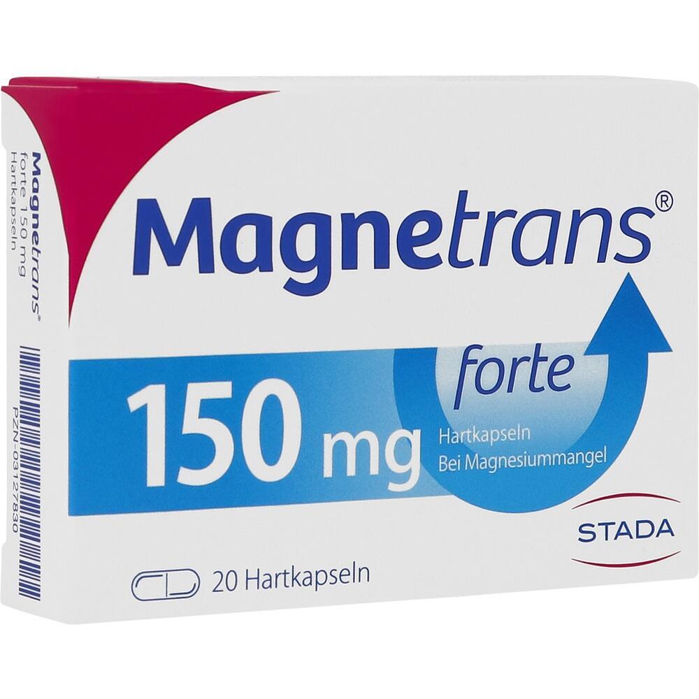 Wei&szlig;e Medikamentenverpackung mit blauem Text "Magnetrans 150 mg".