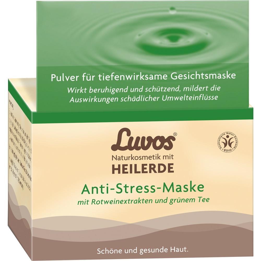 Verpackung einer Anti-Stress-Gesichtsmaske mit Heilerde und pflanzlichen Extrakten.