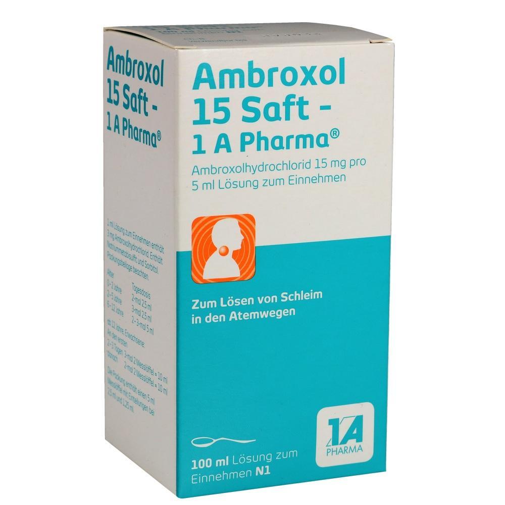 Medizinverpackung mit der Aufschrift "Ambroxol 15 Saft" zur Schleiml&ouml;sung.