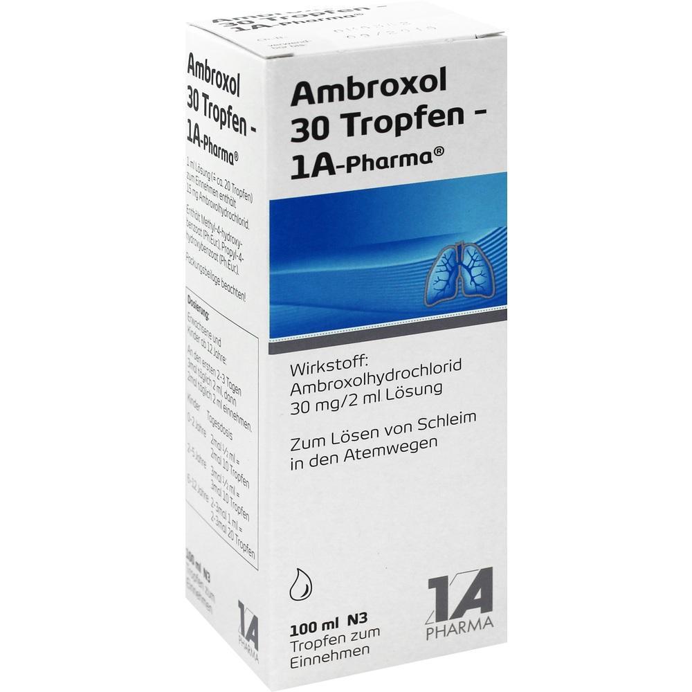 Verpackung von Ambroxol-Tropfen zur Schleiml&ouml;sung in den Atemwegen.