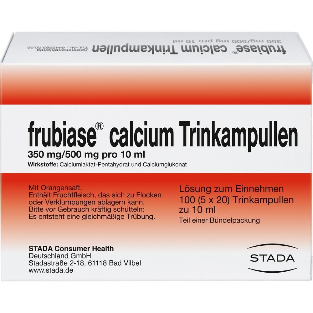 Eine Packung mit Calcium-Trinkampullen von frubiase mit Orangensaft und Gebrauchsanweisung.
