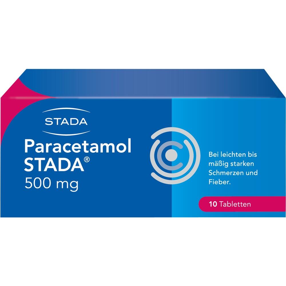 Blaue Packung Paracetamol 500 mg mit 10 Tabletten gegen Schmerzen und Fieber.