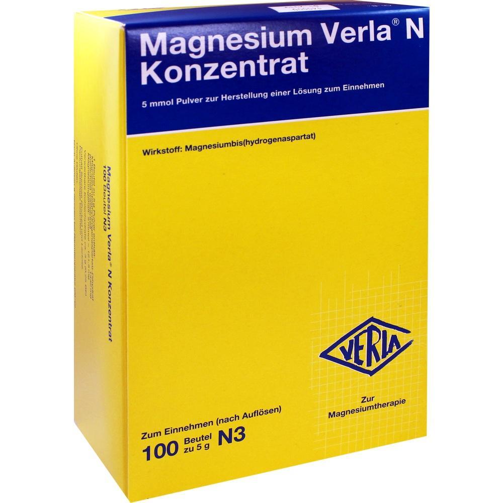 Gelbe Verpackung von Magnesium-Verla-Pulver zur Zubereitung einer Nahrungserg&auml;nzung.