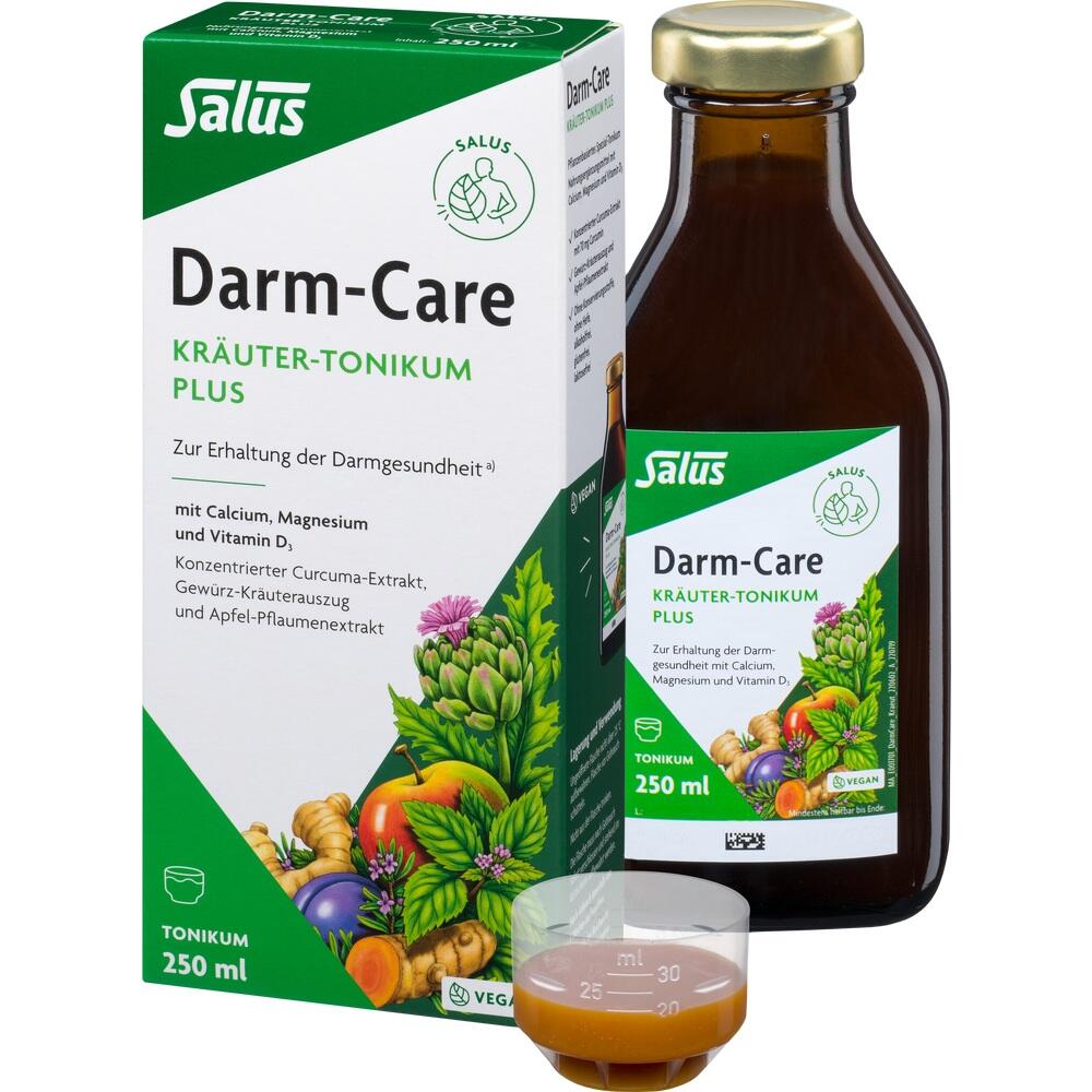 Braune Flasche und Verpackung mit der Aufschrift "Darm-Care Kr&auml;uter-Tonikum Plus".