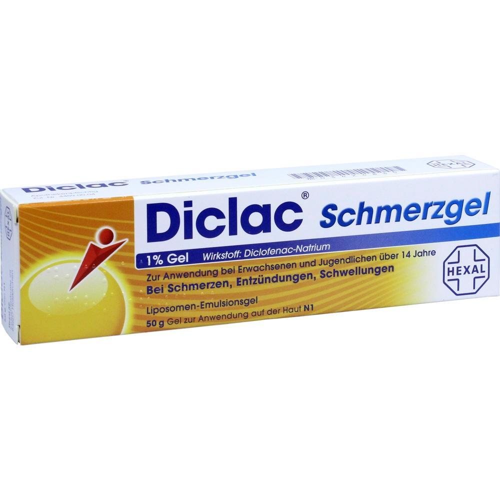 Diclac Schmerzgel-Packung mit Informationen zur Anwendung und Wirkstoffangabe.