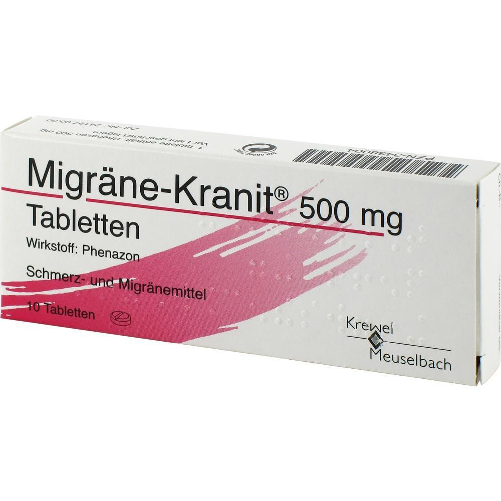 Packung mit Migr&auml;netabletten, Wirkstoff Phenazon, f&uuml;r Schmerzbehandlung, 500 mg.