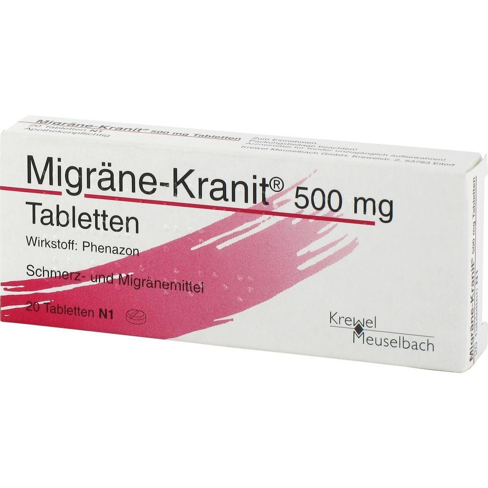 Packung Tabletten gegen Migr&auml;ne mit 500 mg Wirkstoff Phenazon.