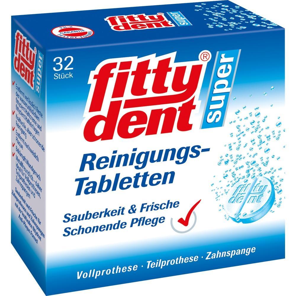 Eine Packung "Fittydent" Reinigungstabletten f&uuml;r Zahnersatz und Zahnspangen.