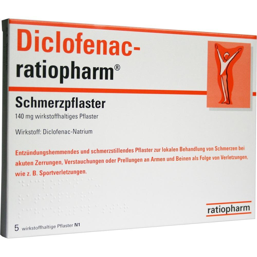 Eine Packung Diclofenac-Schmerzpflaster zur Behandlung von Schmerzen und Entz&uuml;ndungen.