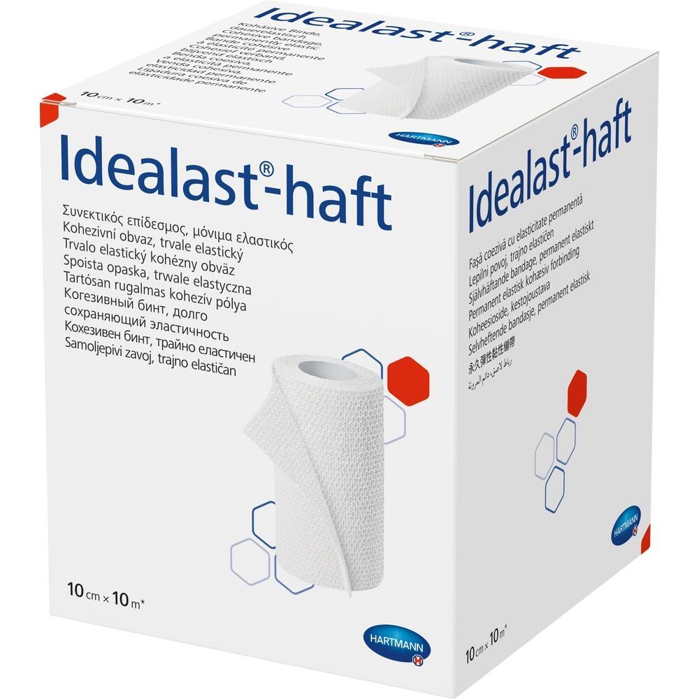 Eine Packung mit einem wei&szlig;en, elastischen Verband namens Idealast-haft.