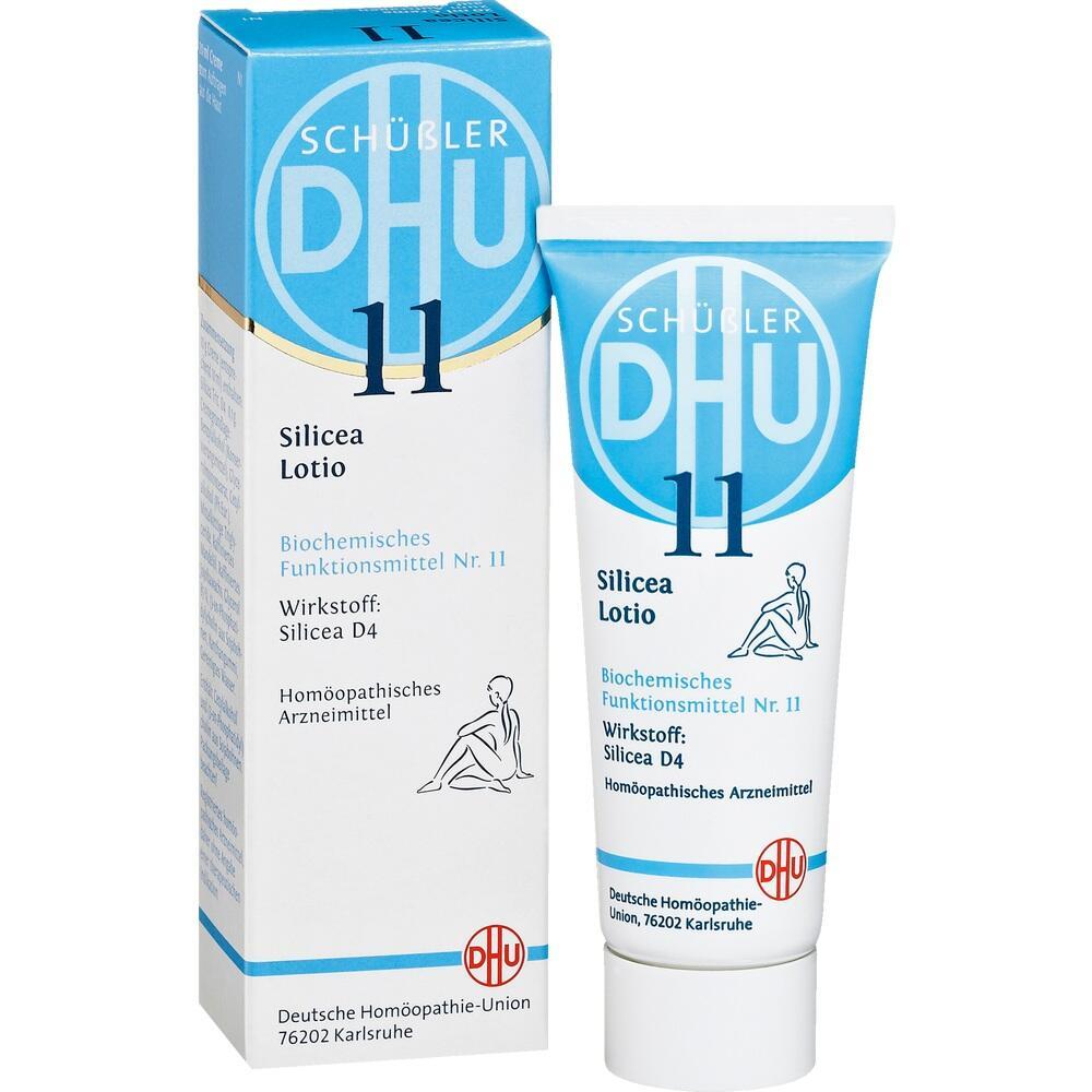 Eine blaue und wei&szlig;e Verpackung und Tube der Sch&uuml;&szlig;ler Silicea Lotion Nr. 11.