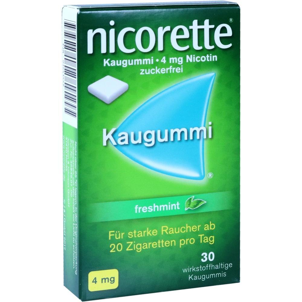 Gr&uuml;ne Packung Nicorette-Kaugummi, 4 mg Nikotin, f&uuml;r starke Raucher, 30 St&uuml;ck.