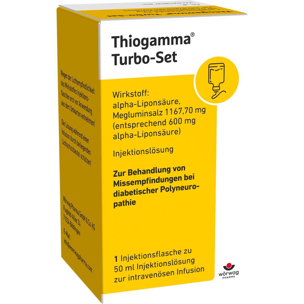 Gelbe Medikamentenverpackung f&uuml;r Thiogamma Turbo-Set zur Behandlung von Nervenschmerzen.