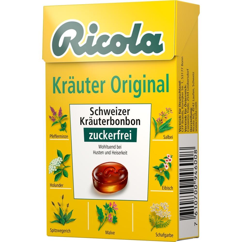 Gelbe Packung Ricola Schweizer Kr&auml;uterbonbons, zuckerfrei, mit Kr&auml;uterabbildungen.