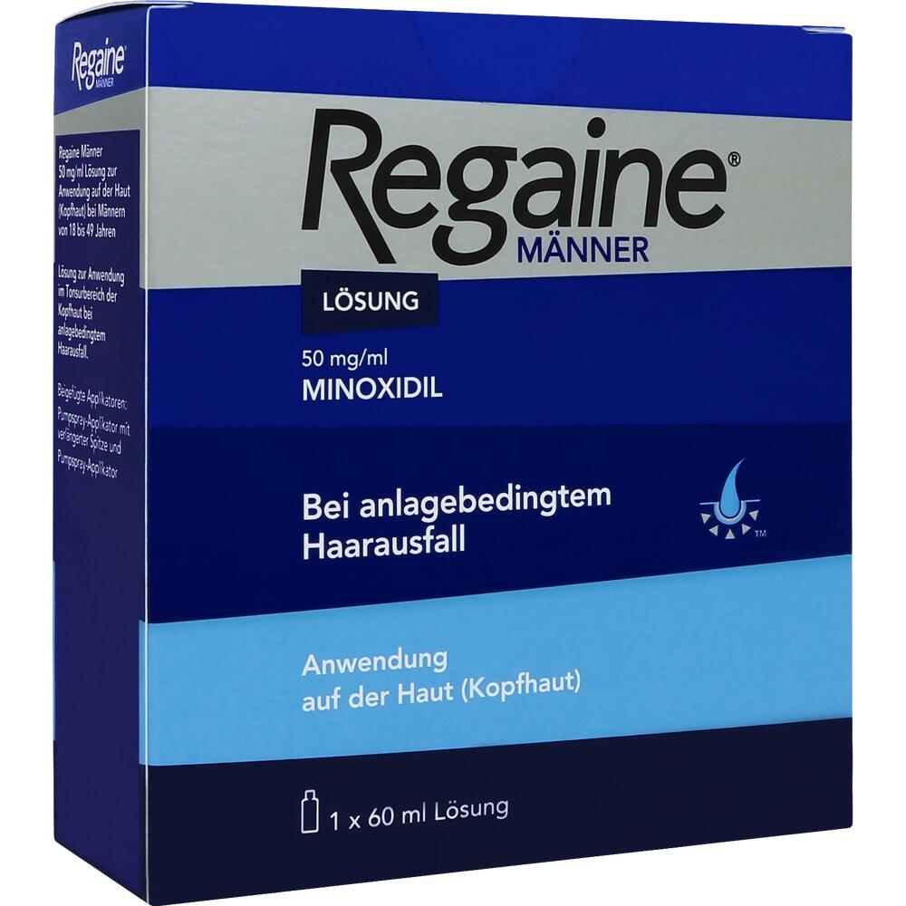 Eine blaue Packung eines Haarwuchsmittels f&uuml;r M&auml;nner gegen Haarausfall.