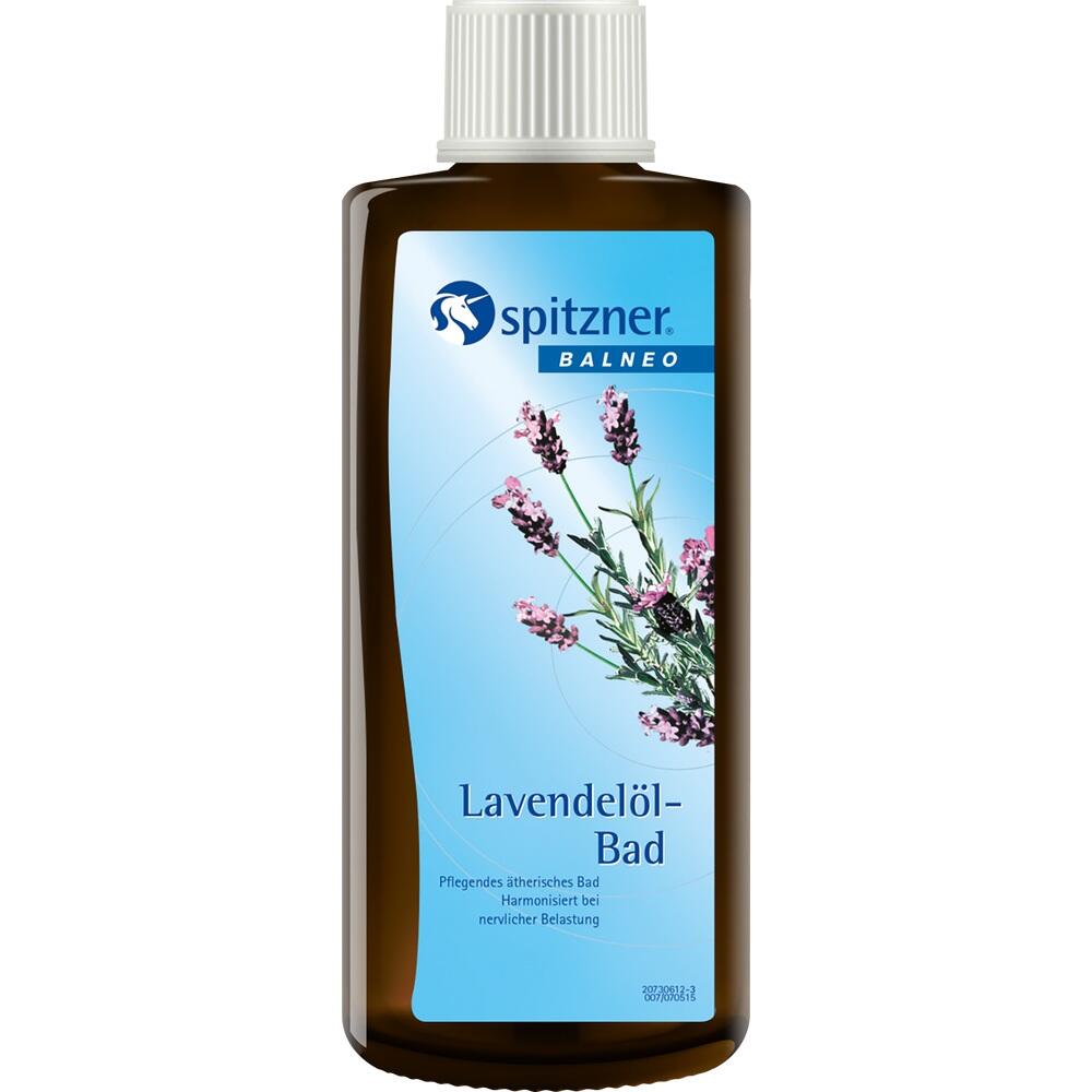 Braune Flasche mit Lavendel&ouml;l-Bad von Spitzner, blaues Etikett mit Lavendelbl&uuml;ten.