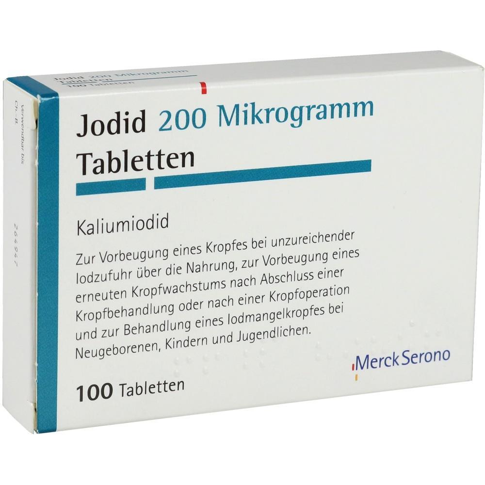 Packung mit Jodid-Tabletten zur Vorbeugung von Kropf bei Jodmangel.