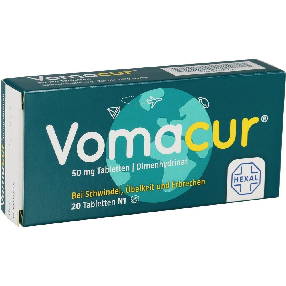 Verpackung von Vomacur-Tabletten gegen Schwindel, &Uuml;belkeit und Erbrechen.