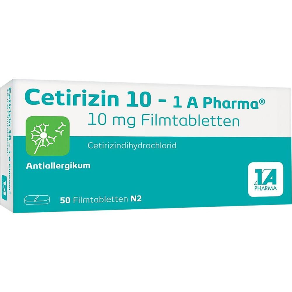 Eine Packung Cetirizin-Tabletten gegen Allergien, 50 St&uuml;ck von 1A Pharma.