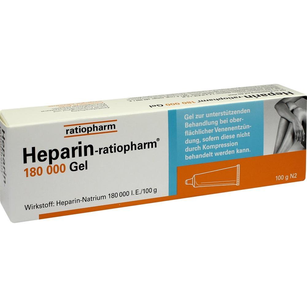 Heparin-ratiopharm Gel in einer wei&szlig;en Pappschachtel zur Behandlung von Venenentz&uuml;ndungen.