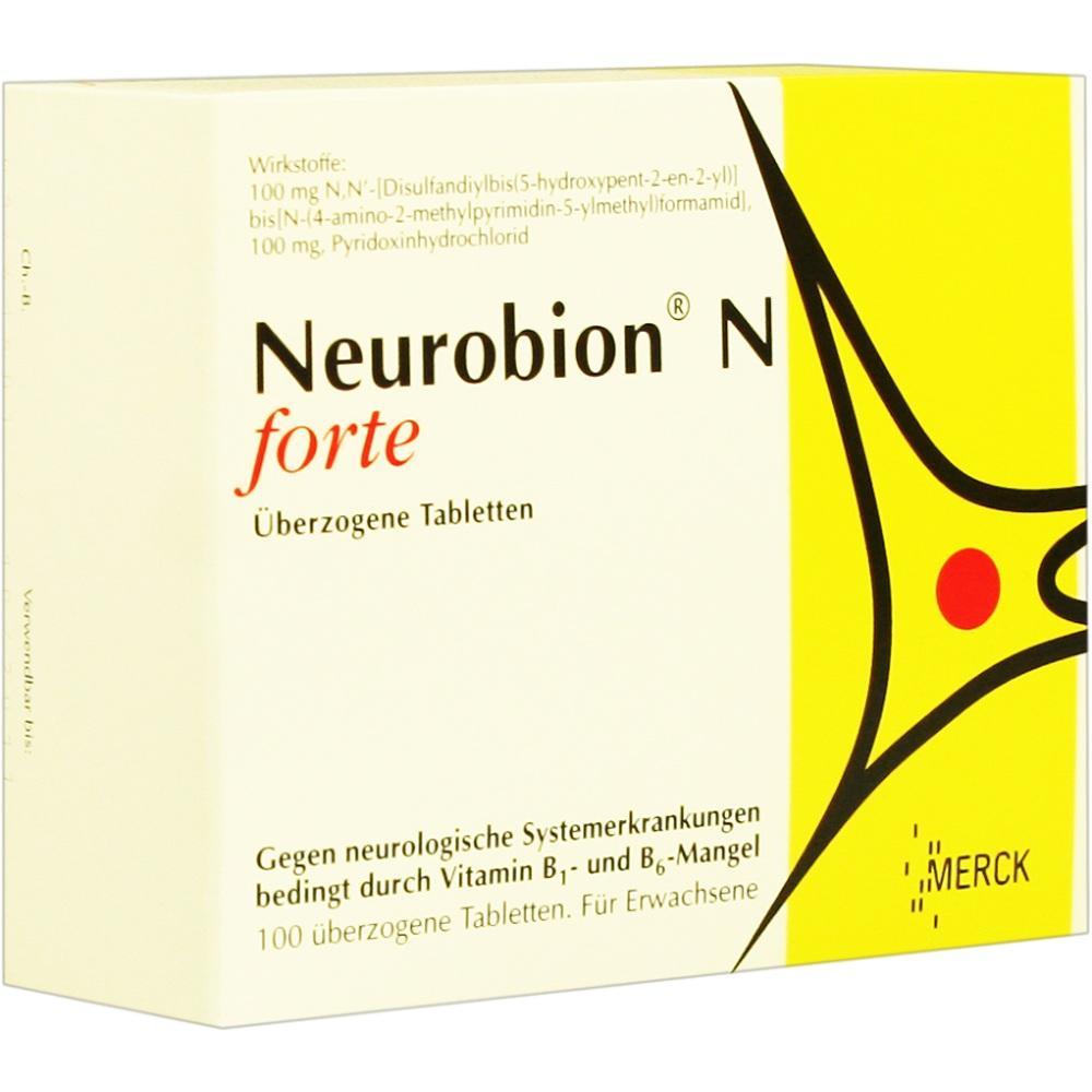 Gelbe Medikamentenverpackung von Neurobion N forte mit 100 &uuml;berzogenen Tabletten.
