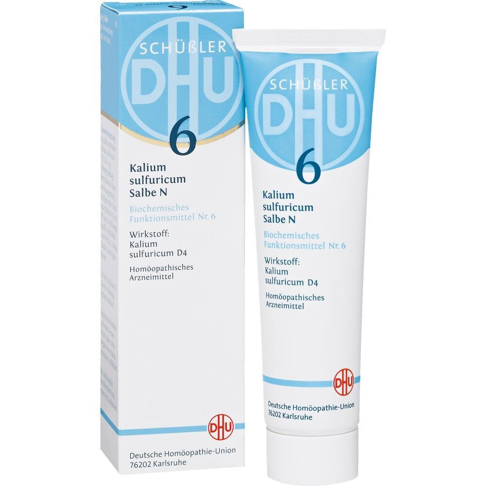 Wei&szlig;e Tube und Schachtel mit blauer Aufschrift "Kalium sulfuricum Salbe N".